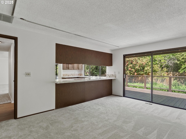 interior space featuring carpet, a textured ceiling, and visible vents