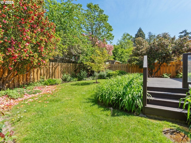 view of yard with a fenced backyard and a deck