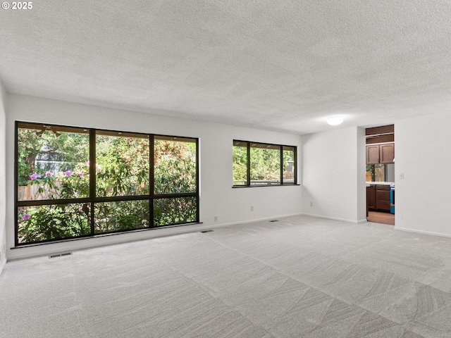 empty room with light colored carpet, a textured ceiling, baseboards, and visible vents