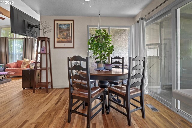 52396 SW 2nd St, Scappoose, OR 97056 - dining space featuring light wood-type flooring, a textured ceiling, a ceiling fan, baseboards, and a textured wall