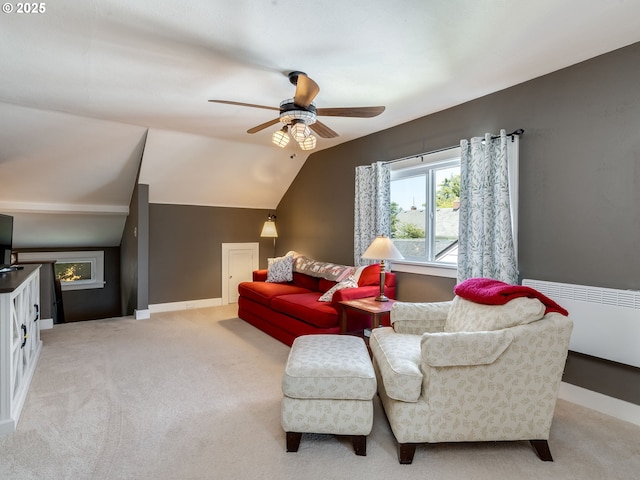 4415 SE Stark St, Portland, OR 97215 - living area with light colored carpet, ceiling fan, and vaulted ceiling