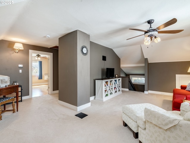 4415 SE Stark St, Portland, OR 97215 - living room featuring a ceiling fan, lofted ceiling, and light carpet