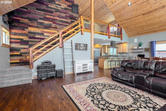 124323 Teatable Ct, Crescent Lake, OR 97733 - living area with stairs, hardwood / wood-style floors, high vaulted ceiling, and wood ceiling