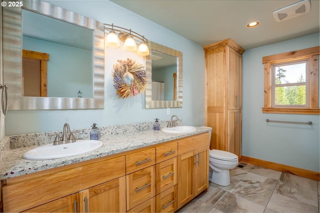 124323 Teatable Ct, Crescent Lake, OR 97733 - full bath featuring double vanity, marble finish floors, and recessed lighting