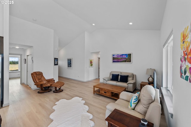822 Spyglass Dr, Bandon, OR 97411 - living area featuring high vaulted ceiling, recessed lighting, and light wood-type flooring