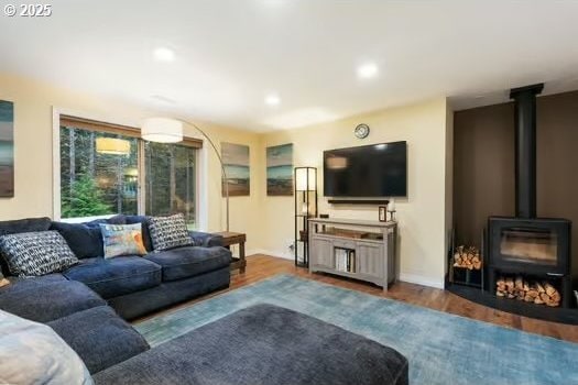 living room featuring hardwood / wood-style floors and a wood stove