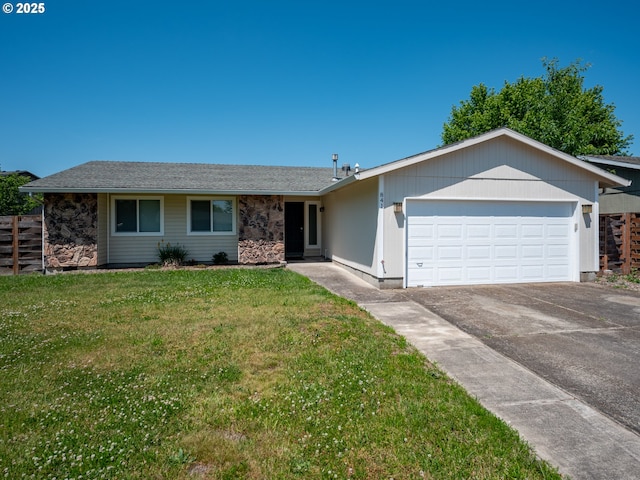 841 NE Kathryn St, Hillsboro, OR 97124 - ranch-style house with an attached garage, driveway, a front yard, and stone siding