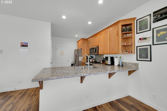 kitchen featuring stainless steel appliances, dark hardwood / wood-style floors, kitchen peninsula, and sink