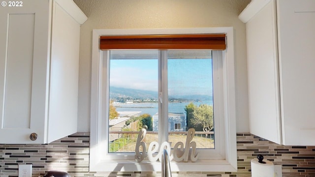 interior details with a water view, decorative backsplash, and white cabinetry