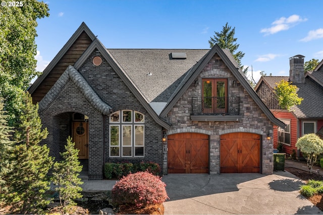 632 W T St, Washougal, WA 98671 - view of front of home featuring driveway, roof with shingles, a garage, stone siding, and brick siding
