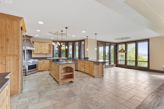 632 W T St, Washougal, WA 98671 - kitchen with open shelves, appliances with stainless steel finishes, dark countertops, light brown cabinets, and recessed lighting