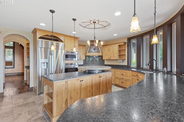 632 W T St, Washougal, WA 98671 - kitchen with open shelves, a sink, appliances with stainless steel finishes, premium range hood, and dark countertops