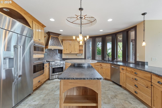 632 W T St, Washougal, WA 98671 - kitchen featuring high end appliances, open shelves, premium range hood, a sink, and backsplash