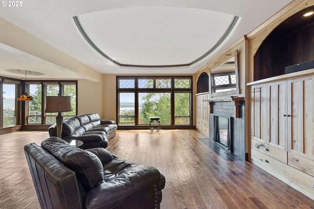 632 W T St, Washougal, WA 98671 - living area featuring a tray ceiling, a fireplace, and wood-type flooring