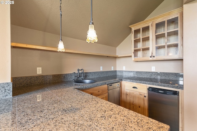 632 W T St, Washougal, WA 98671 - kitchen with dishwasher, tile countertops, lofted ceiling, open shelves, and a sink