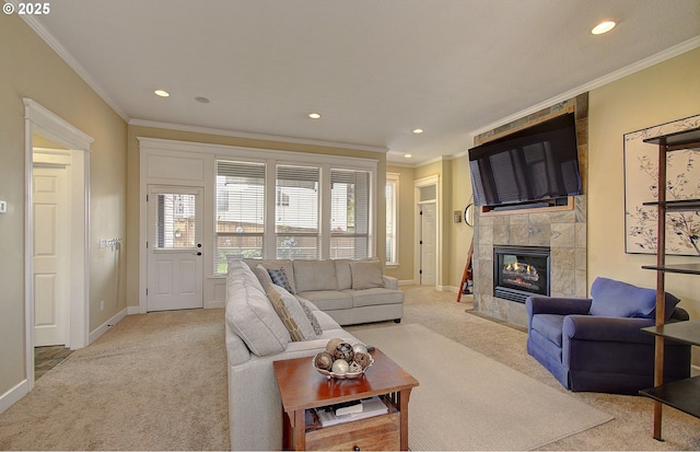 3313 NW Sierra Dr, Camas, WA 98607 - living area with carpet, crown molding, a tiled fireplace, recessed lighting, and baseboards