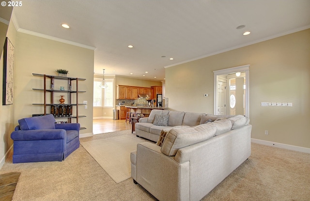 3313 NW Sierra Dr, Camas, WA 98607 - living room featuring recessed lighting, light carpet, crown molding, and baseboards