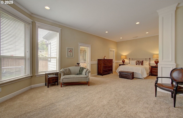 3313 NW Sierra Dr, Camas, WA 98607 - bedroom with light carpet, crown molding, decorative columns, recessed lighting, and baseboards