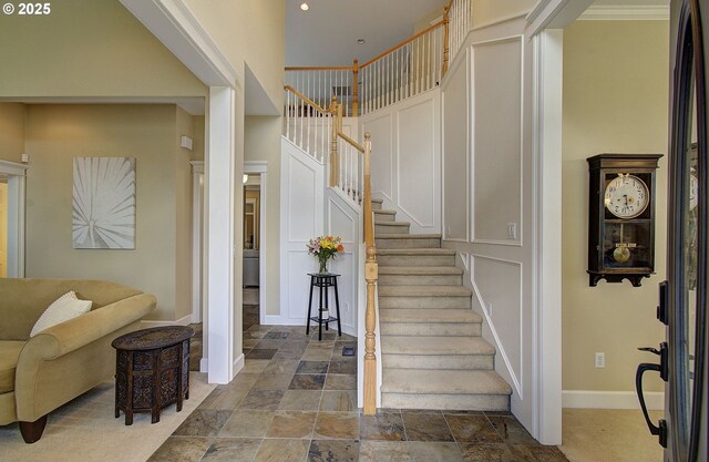 3313 NW Sierra Dr, Camas, WA 98607 - foyer with stairway, baseboards, and stone finish flooring
