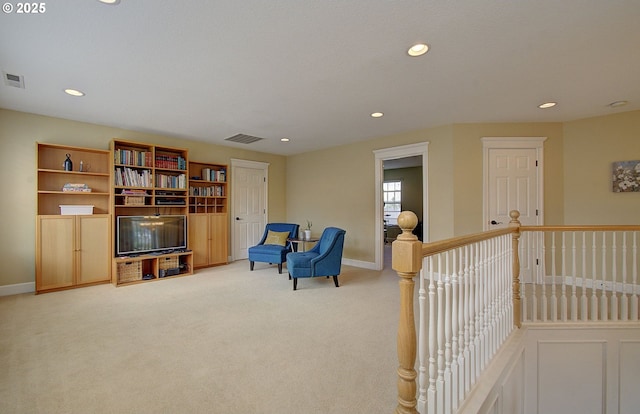 3313 NW Sierra Dr, Camas, WA 98607 - living area featuring recessed lighting, light colored carpet, an upstairs landing, and baseboards