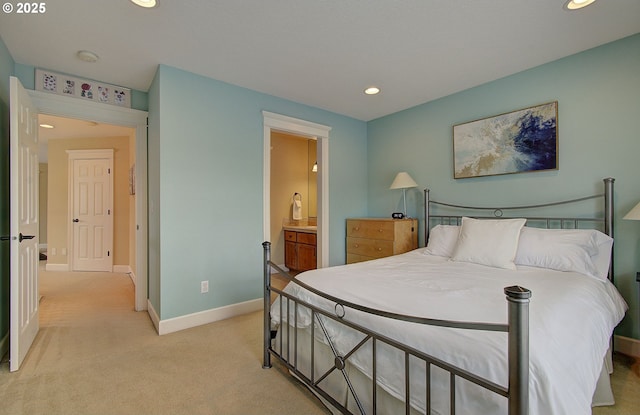 3313 NW Sierra Dr, Camas, WA 98607 - bedroom featuring light colored carpet, baseboards, recessed lighting, and ensuite bathroom