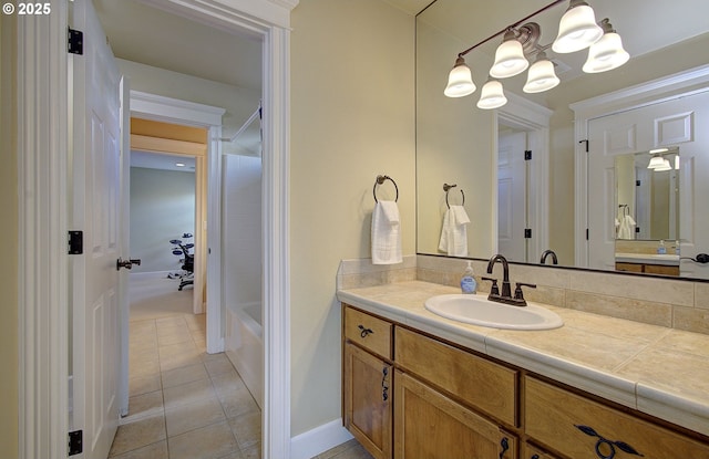 3313 NW Sierra Dr, Camas, WA 98607 - full bathroom featuring vanity,  shower combination, tile patterned floors, and a chandelier