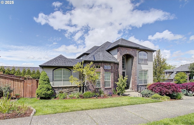 3313 NW Sierra Dr, Camas, WA 98607 - french country style house with a shingled roof, stone siding, and brick siding