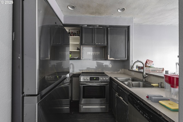 912 SE 193rd Ave, Portland, OR 97233 - kitchen featuring appliances with stainless steel finishes, open shelves, a textured ceiling, light countertops, and dark wood finished floors
