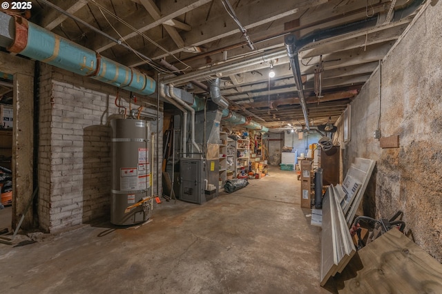 unfinished basement with water heater and heating unit