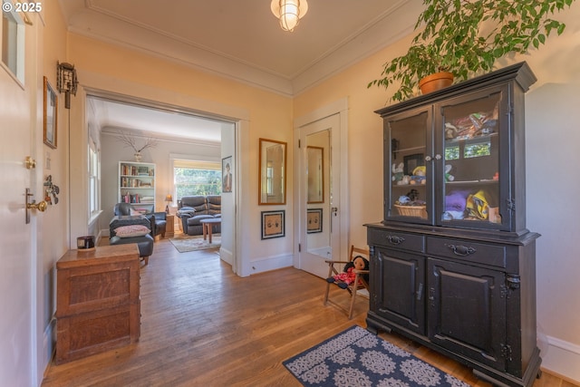 foyer with baseboards, ornamental molding, and wood finished floors
