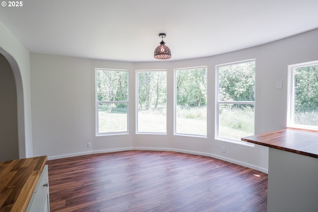 28788 Gimpl Hill Rd, Eugene, OR 97402 - unfurnished dining area featuring arched walkways, dark wood-style flooring, and baseboards