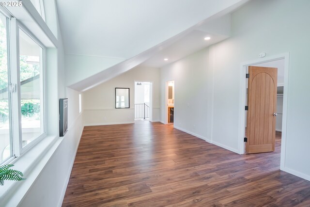 28788 Gimpl Hill Rd, Eugene, OR 97402 - additional living space featuring dark wood-type flooring, recessed lighting, vaulted ceiling, and baseboards