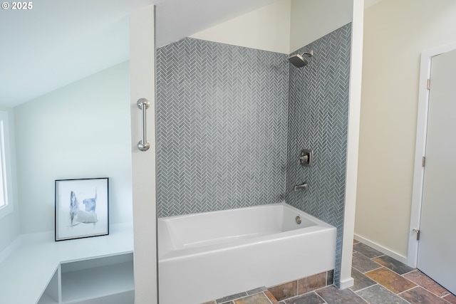 28788 Gimpl Hill Rd, Eugene, OR 97402 - full bathroom with stone tile floors, shower / bath combination, and vaulted ceiling