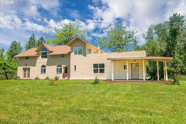 28788 Gimpl Hill Rd, Eugene, OR 97402 - rear view of property featuring french doors, stucco siding, and a yard