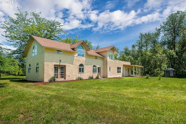 28788 Gimpl Hill Rd, Eugene, OR 97402 - rear view of house featuring french doors, stucco siding, and a lawn