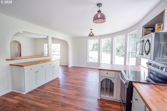 28788 Gimpl Hill Rd, Eugene, OR 97402 - kitchen with wooden counters, appliances with stainless steel finishes, arched walkways, and plenty of natural light