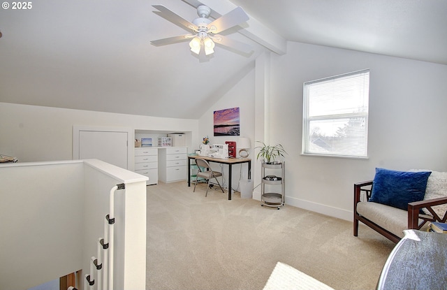 interior space with light carpet, vaulted ceiling with beams, baseboards, and an upstairs landing