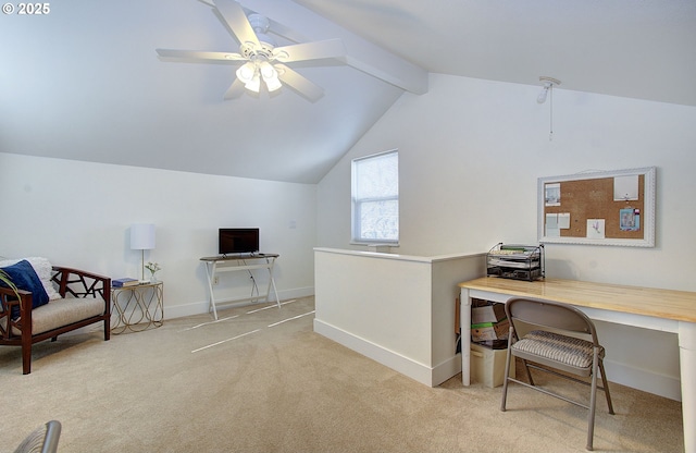 carpeted home office with vaulted ceiling with beams, ceiling fan, and baseboards