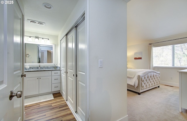 bathroom with baseboards, visible vents, wood finished floors, and vanity