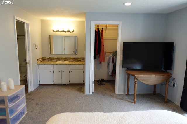 1540 7th Dr, Hammond, OR 97121 - bedroom with a sink, a walk in closet, light carpet, a closet, and recessed lighting