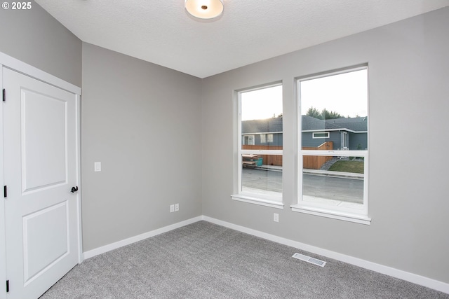 carpeted spare room with a textured ceiling