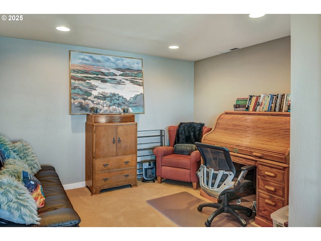 office area featuring visible vents, carpet flooring, baseboards, and recessed lighting