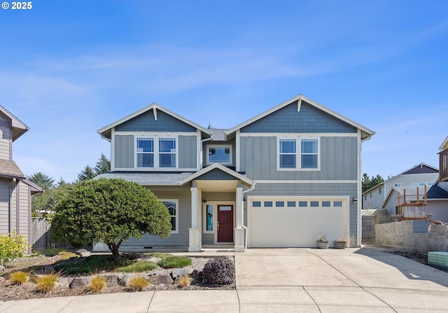 7115 NE Benton Pl, Newport, OR 97365 - craftsman house with concrete driveway, a garage, and board and batten siding