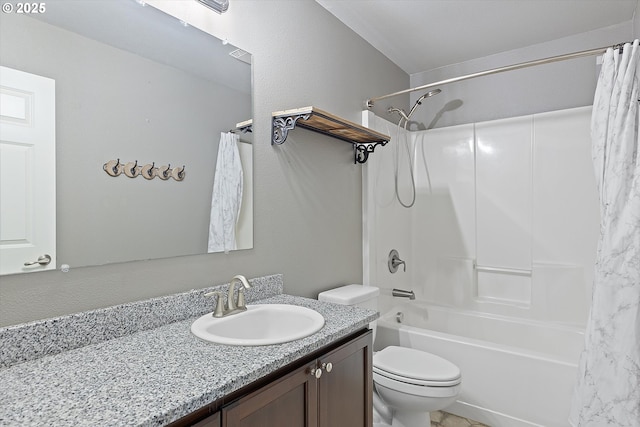 full bathroom with vanity, toilet, and shower / bathtub combination with curtain