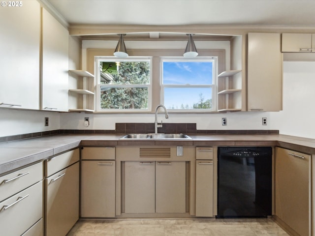 8978 SW Terreton Pl, Portland, OR 97223 - kitchen with black dishwasher, a sink, open shelves, and dark countertops