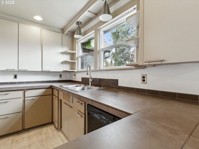 8978 SW Terreton Pl, Portland, OR 97223 - kitchen featuring a sink, white cabinetry, open shelves, dark countertops, and black dishwasher