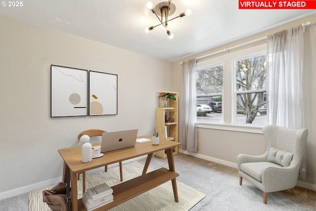 8978 SW Terreton Pl, Portland, OR 97223 - office area with light colored carpet, baseboards, and a chandelier