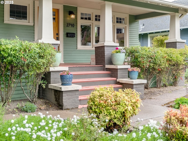 view of exterior entry with covered porch