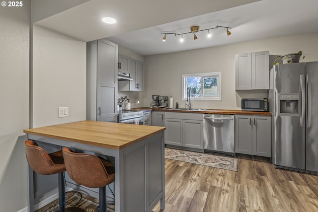 kitchen with sink, gray cabinetry, stainless steel appliances, and wooden counters