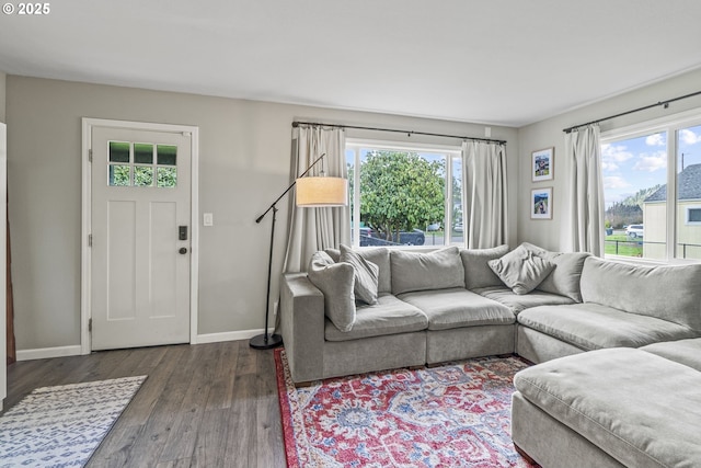 living room featuring a healthy amount of sunlight and dark hardwood / wood-style floors